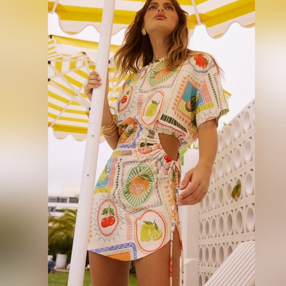 Seven Wonders Brizzie Mini Dress Small Agata Mixed Fruit Print Cutout Statement